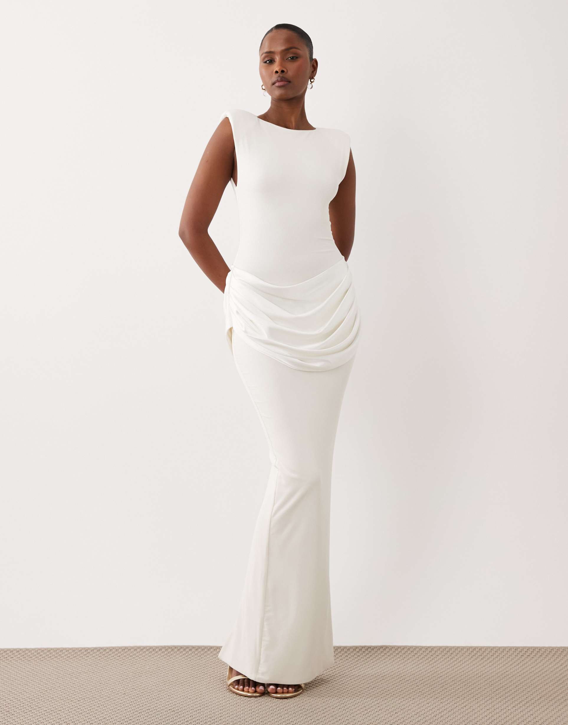 wanderdoll eman sleeveless slash neck draped waist detail bodycon satin maxi dress in white