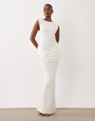 Wanderdoll Eman sleeveless slash neck satin drape waist detail bodycon maxi dress in white