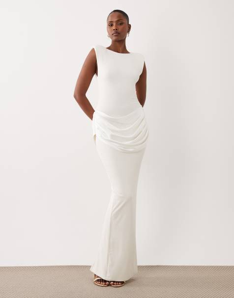 Wanderdoll Eman sleeveless slash neck satin drape waist detail bodycon maxi dress in white