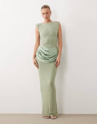 Wanderdoll Eman sleeveless slash neck satin draped waist detail bodycon maxi dress in sage green sage
