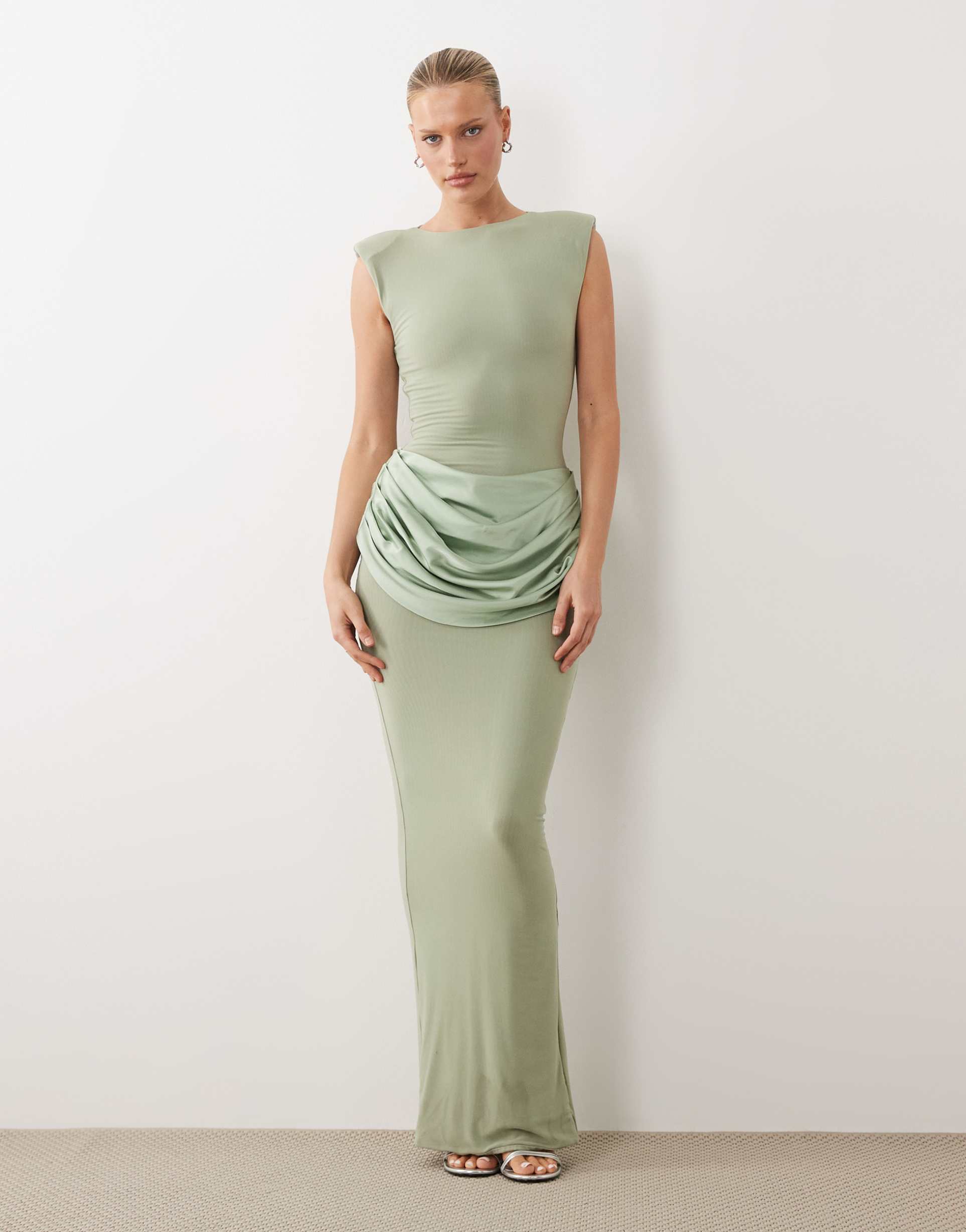 wanderdoll eman sleeveless slash neck satin draped waist detail bodycon maxi dress in sage green