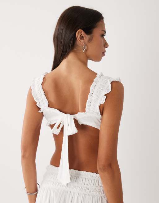 Wanderdoll Emmy cotton broderie off shoulder tie front bralette top co-ord in white, 5 of 5