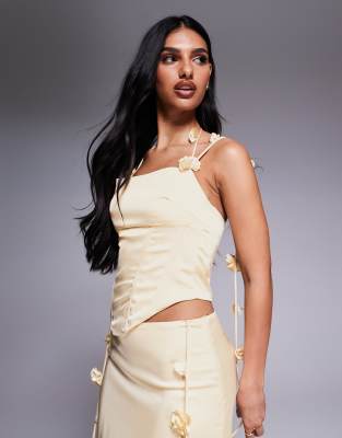 Wanderdoll - Esmeralda - Premium - Citrongul korsettop med halterneck og blomsterdetaljer i satin - Del af sæt - view 1