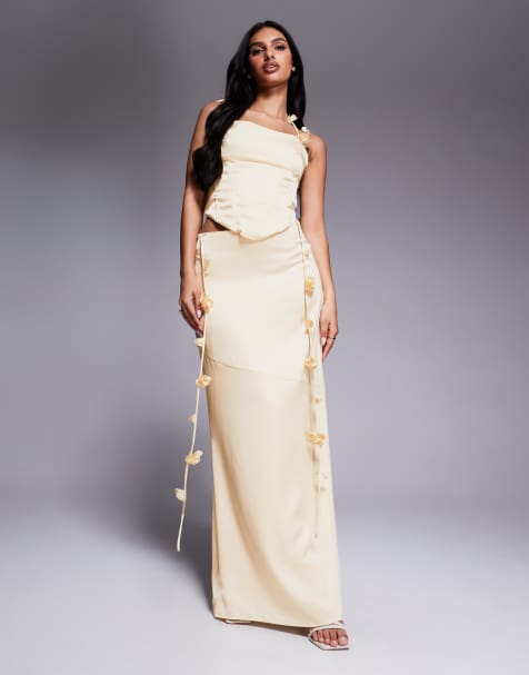 Wanderdoll Esmerelda premium satin drape flower detail maxi skirt co-ord in lemon