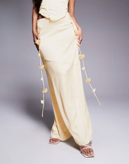 Wanderdoll Esmerelda premium satin drape flower detail maxi skirt co-ord in lemon, 5 of 5