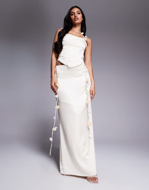 Wanderdoll Esmerelda premium satin drape flower detail maxi skirt in lemon - part of a set - view 1