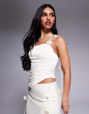 Esmerelda premium satin flower detail halterneck corset top in lemon - part of a set-Yellow