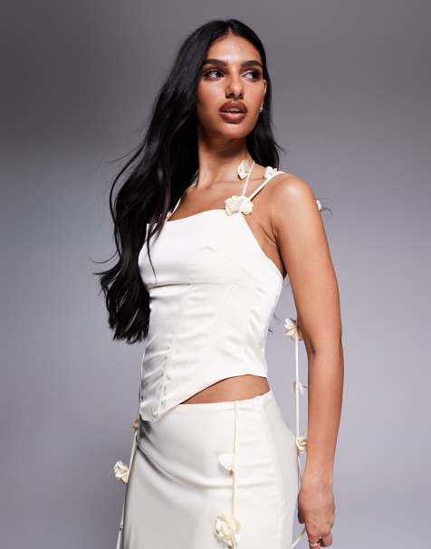 Wanderdoll Esmerelda premium satin flower detail halterneck corset top in lemon (part of a set) - view 1