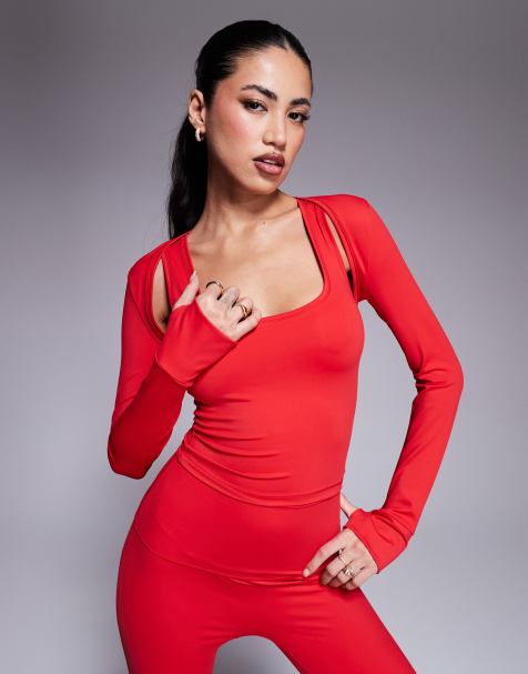 Wanderdoll Everyday exclusive elevated active long sleeve shrug co-ord in red - view 1