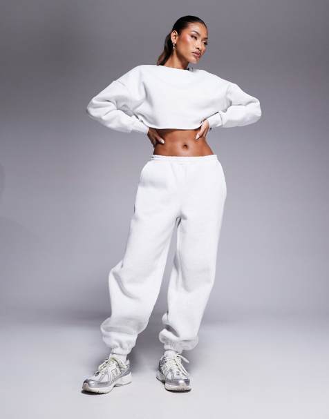 Wanderdoll Everyday heavy weight fleece back cuffed joggers co-ord in light grey - view 1