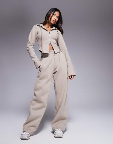 Wanderdoll Everyday heavyweight fleece back wide leg sweatpants in mocha - part of a set - view 1
