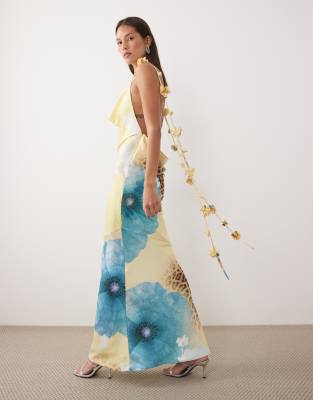 Wanderdoll exclusive Aria satin cowl neck drape flower detail cross back maxi dress in yellow and blue floral