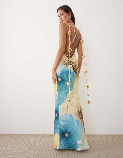 princess polly baby blue dress Stylish Yellow-Blue Floral Pattern Printed Women's Maxi Dress main image 0