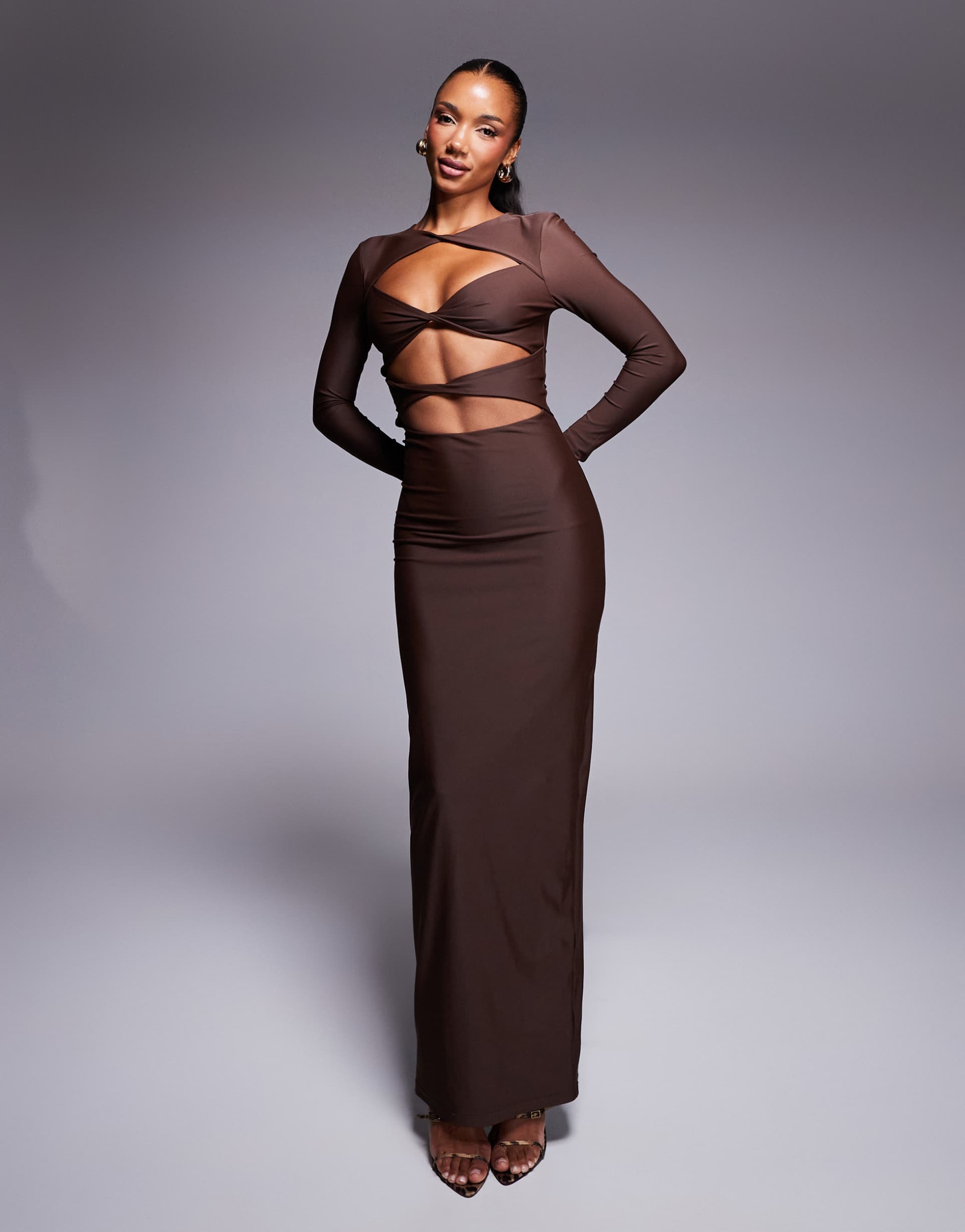 wanderdoll exclusive cut-out bodycon maxi dress in chocolate