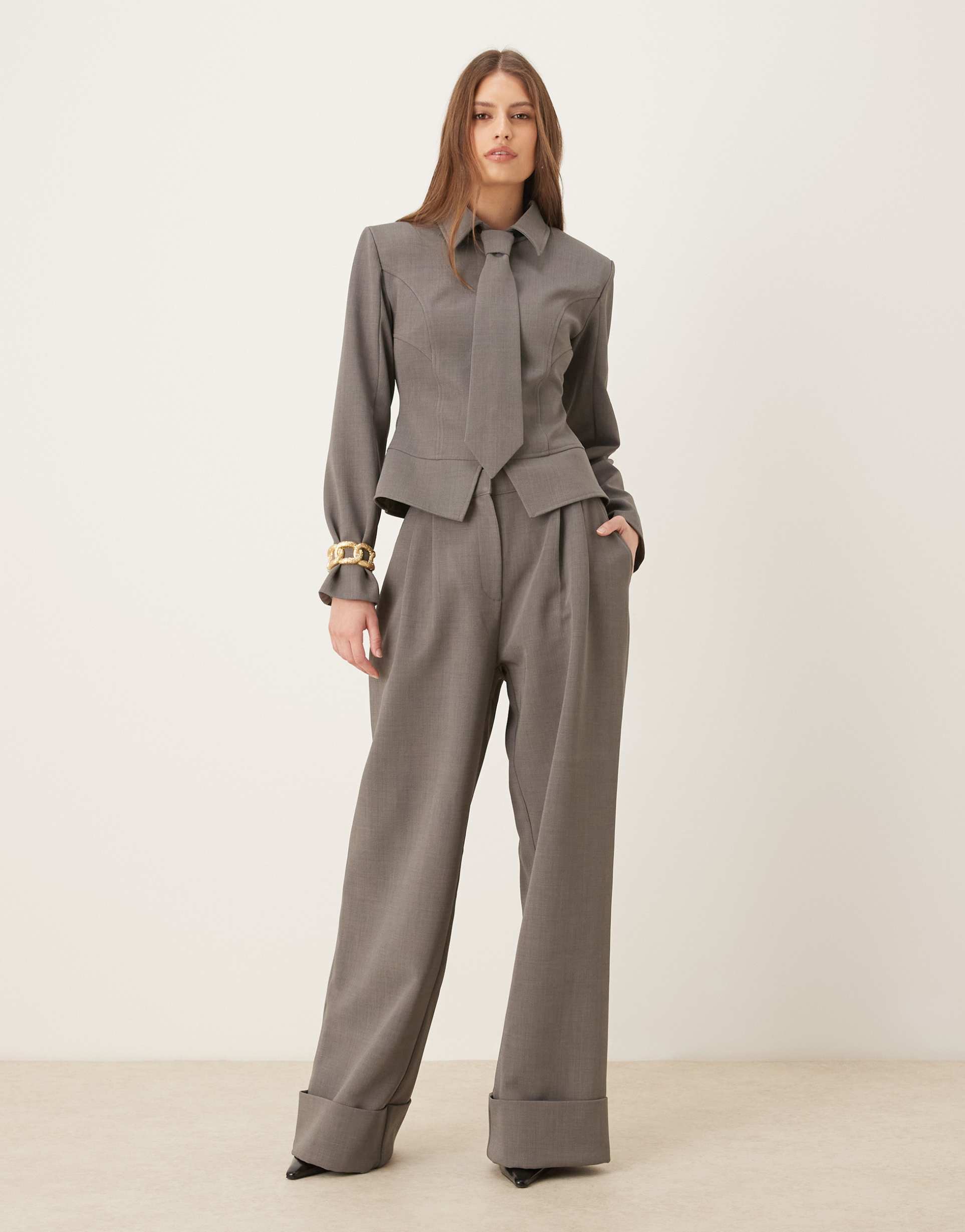 wanderdoll exclusive gabriella tailored wide leg pants with cuffs in gray - part of a set