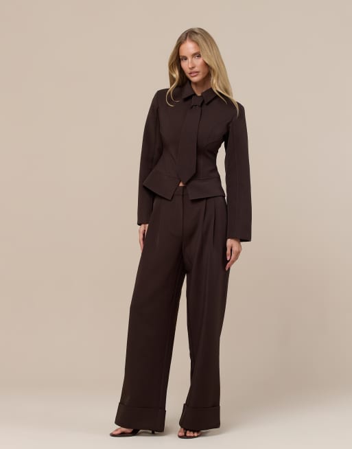 Wanderdoll Gabriella zip up detachable tie tailored shirt and trousers in chocolate, 2 of 3
