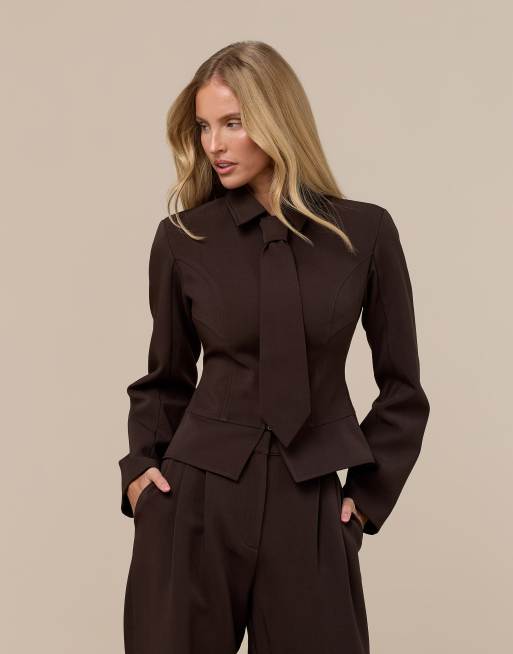Wanderdoll Gabriella zip up detachable tie tailored shirt and trousers in chocolate, 3 of 3