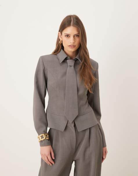 Wanderdoll exclusive Gabriella zip through shirt with removable tie co-ord in grey - view 1