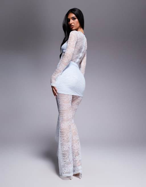 Wanderdoll exclusive Jamie lace drape detail jumpsuit in light blue, 3 of 4