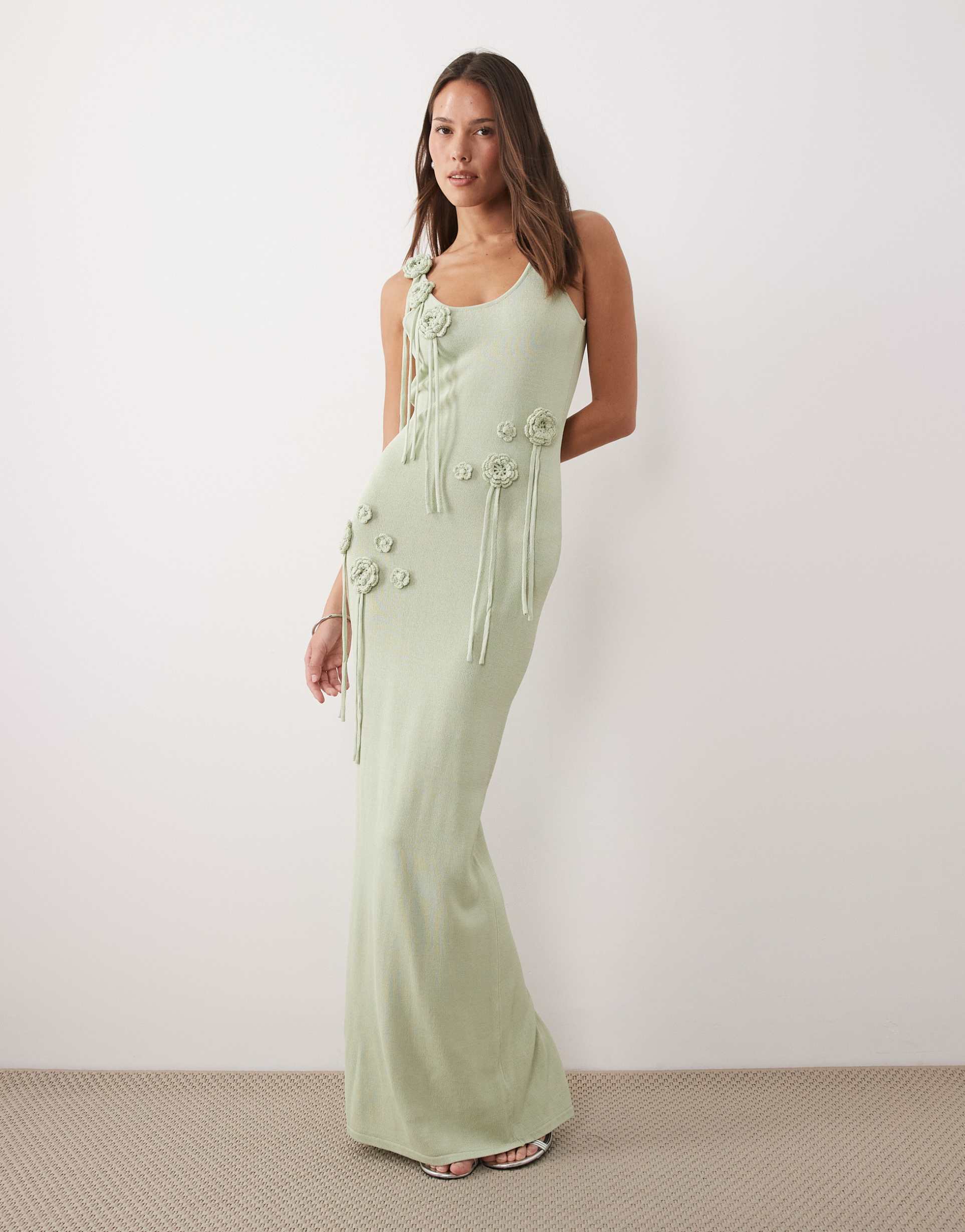 wanderdoll exclusive lillie knit scoop neck corsage tassel detailing maxi dress in sage