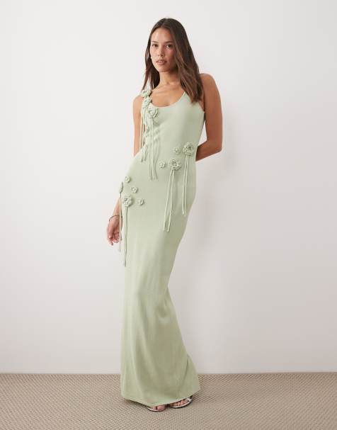 Wanderdoll exclusive Lillie knitted scoop neck corsage tassel detail maxi dress in sage - view 1
