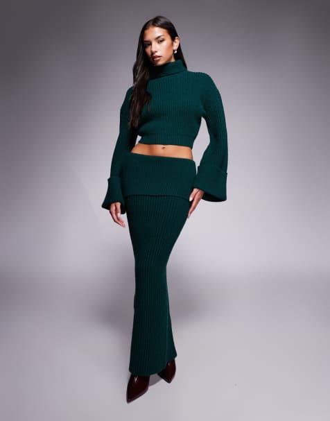 Wanderdoll exclusive Mabel deep foldover waistband maxi skirt co-ord in forest green