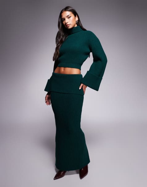 Wanderdoll exclusive Mabel roll neck wide foldover sleeve cropped jumper and maxi skirt co-ord in forest green - view 1