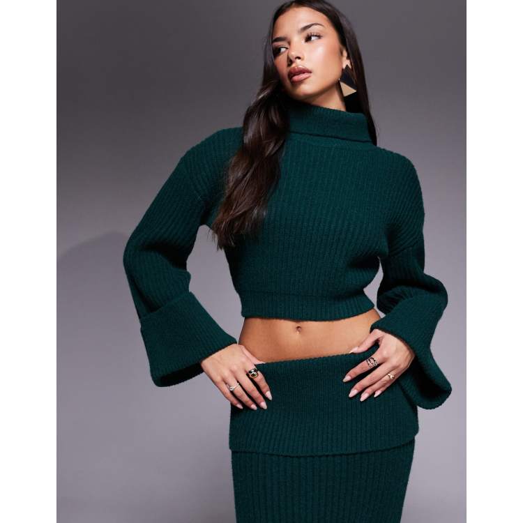 Wanderdoll exclusive Mabel turtle neck wide foldover sleeve cropped sweater  in forest green - part of a set | ASOS
