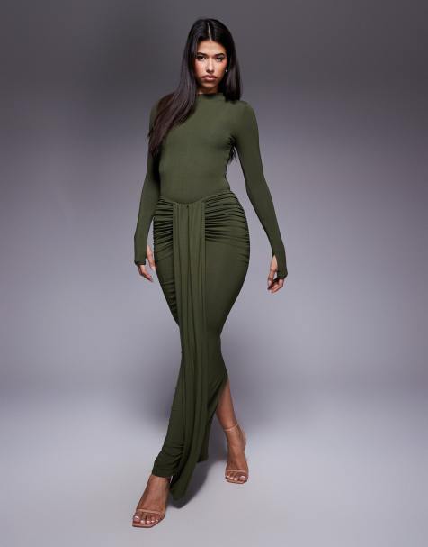 Wanderdoll exclusive Nara sculpting second skin drape front maxi skirt co-ord in olive - view 1