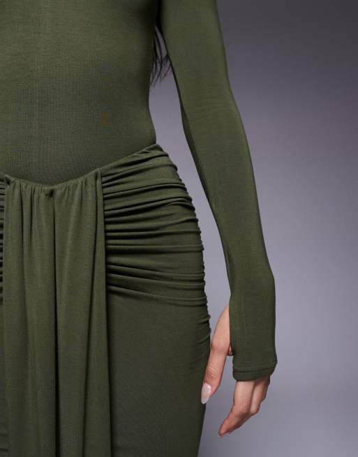 Wanderdoll exclusive Nara sculpting second skin drape front maxi skirt co-ord in olive, 3 of 5
