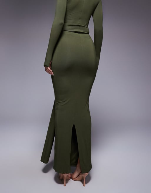 Wanderdoll exclusive Nara sculpting second skin drape front maxi skirt in olive - part of a set, 5 of 5