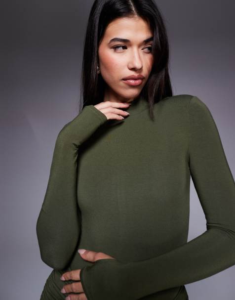 Wanderdoll exclusive Nara sculpting second skin high neck long sleeve body co-ord in olive - view 1