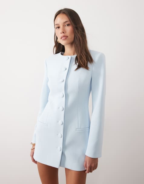 Wanderdoll exclusive Pippa premium tailored  shoulder pad detail structured mini dress in baby blue - view 1