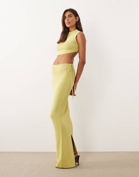 Wanderdoll exclusive Sienna fine knit tie side maxi skirt co-ord in lime green - view 1