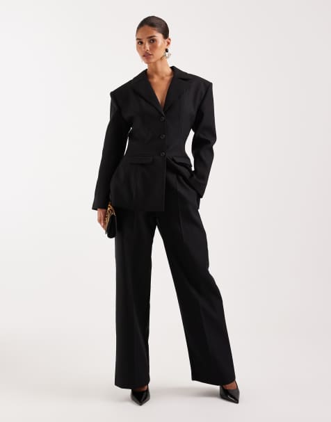 Wanderdoll Farron tailored structured cinch waist longline blazer and wide leg pants set in black - view 1