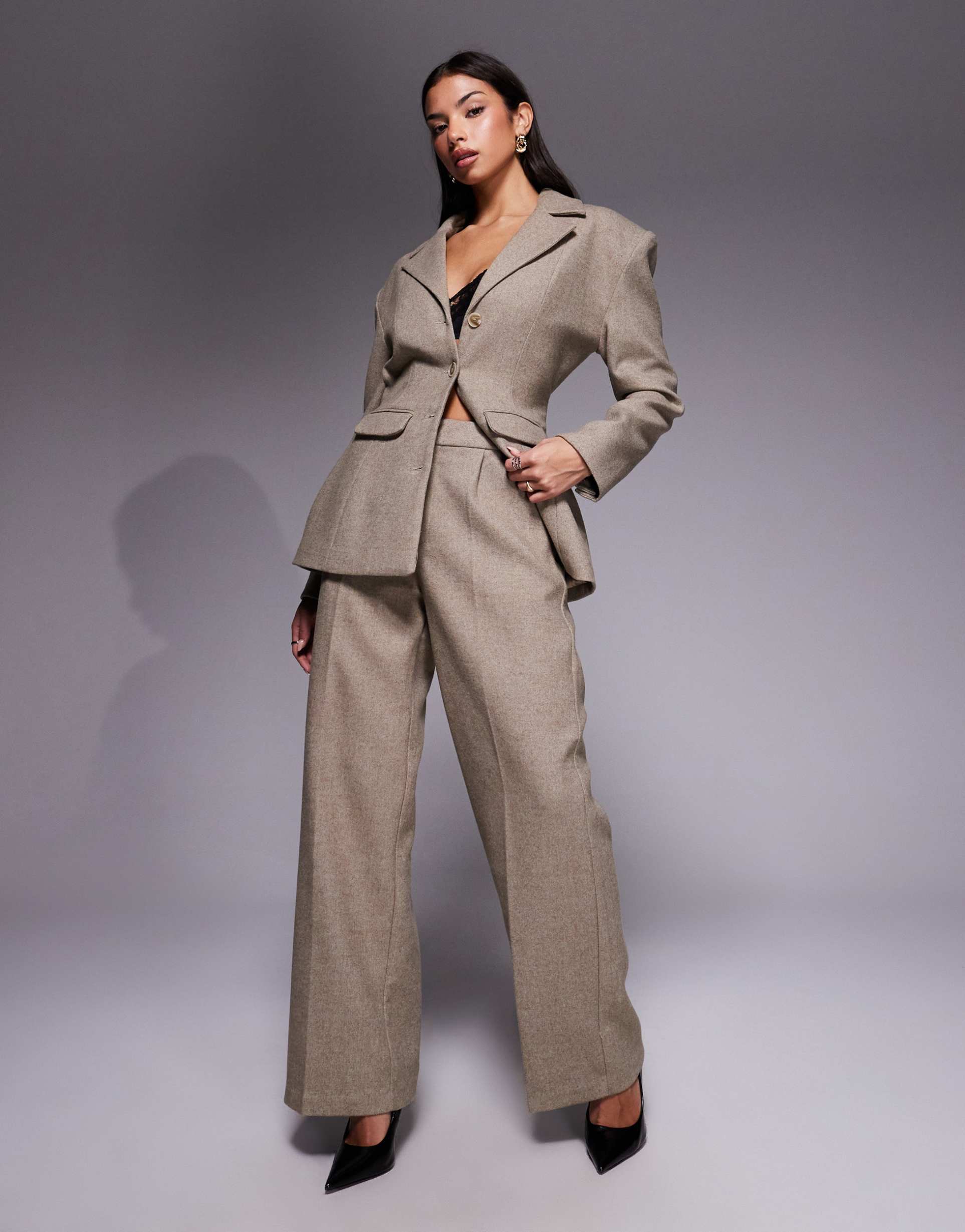 wanderdoll farron wool mix tailored wide leg pants in taupe - part of a set