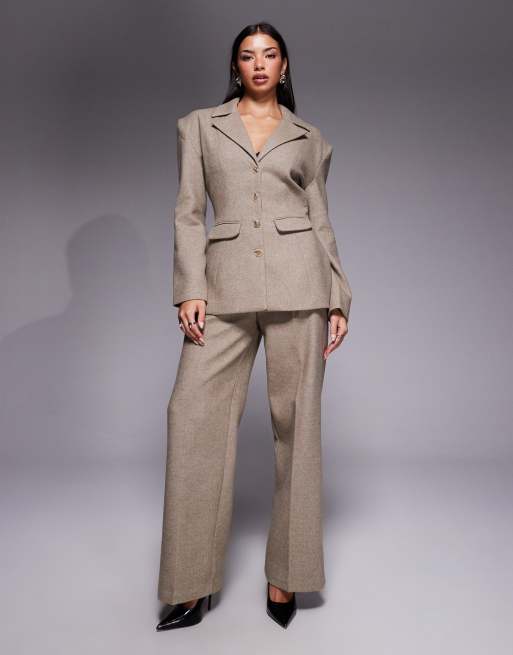 Wanderdoll Farron wool structured cinch waist longline blazer in taupe (part of a set), 2 of 4