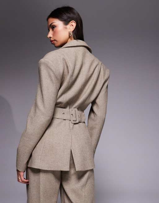 Wanderdoll Farron wool structured cinch waist longline blazer in taupe (part of a set), 3 of 4