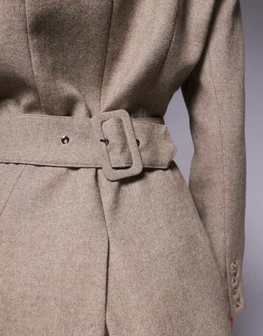 Wanderdoll Farron wool structured cinch waist longline blazer in taupe (part of a set), 4 of 4