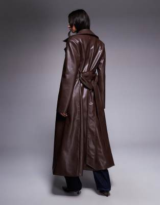 Wanderdoll Faux Leather Belted Maxi Coat In Brown