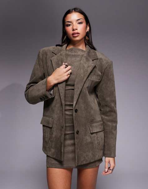 Wanderdoll faux suede dropped shoulder oversized blazer co-ord in taupe - view 1