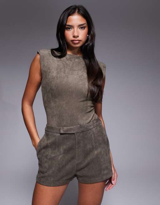 Wanderdoll faux suede padded shoulder bodysuit, dress and oversized blazer set in taupe, 3 of 5