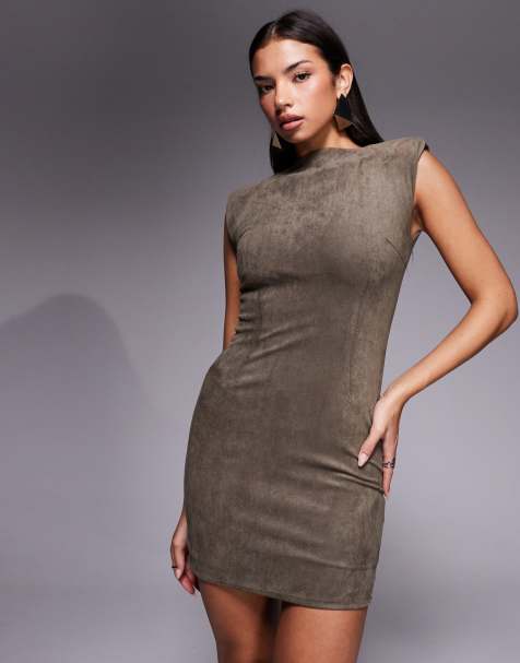 Wanderdoll faux suede padded shoulder fitted bodycon mini dress co-ord in taupe