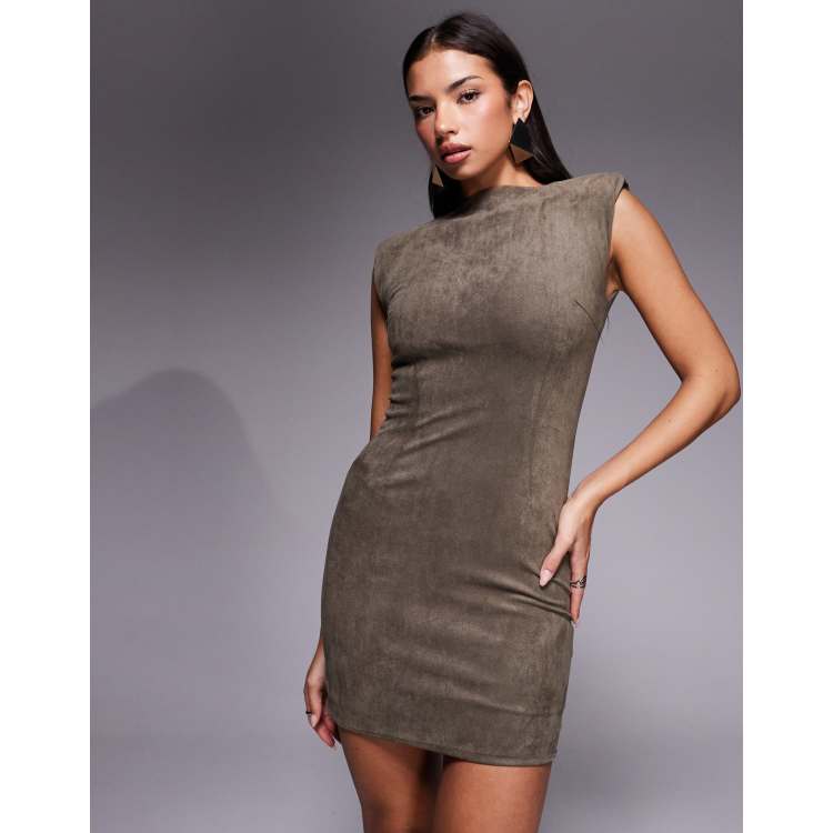 Wanderdoll faux suede padded shoulder fitted bodycon mini dress in taupe - Part of a set-Neutral