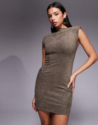 Wanderdoll - Figurbetontes Bodycon-Minikleid aus Wildlederimitat in Taupe mit Schulterpolstern, Kombiteil-Neutral
