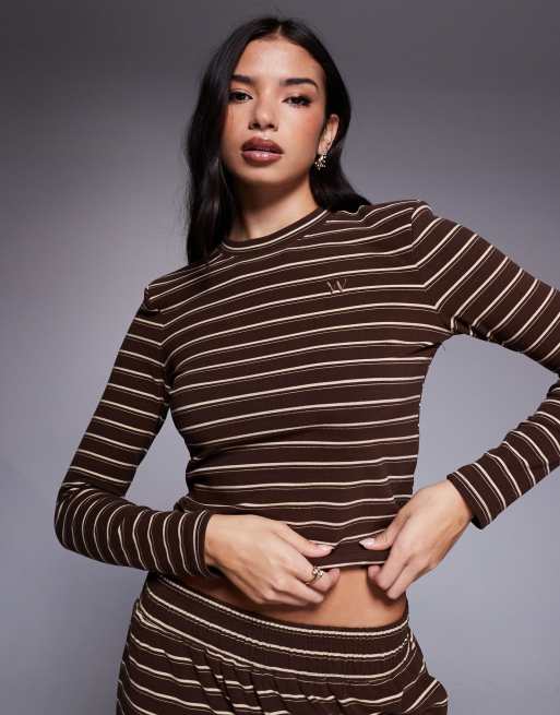 Wanderdoll Frankie crew neck long sleeve top co-ord in brown stripe