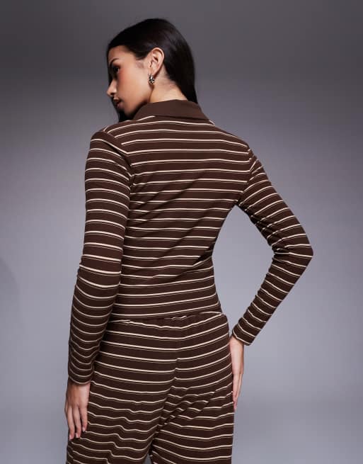 Wanderdoll - Frankie - Polo d'ensemble à manches longues avec col et rayures en jersey épais de qualité supérieure - Marron, 3 de 4