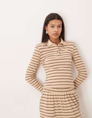 Frankie - Polo d'ensemble de qualité supérieure en jersey rayé épais à manches longues et logo - Crème-Multicolore XS