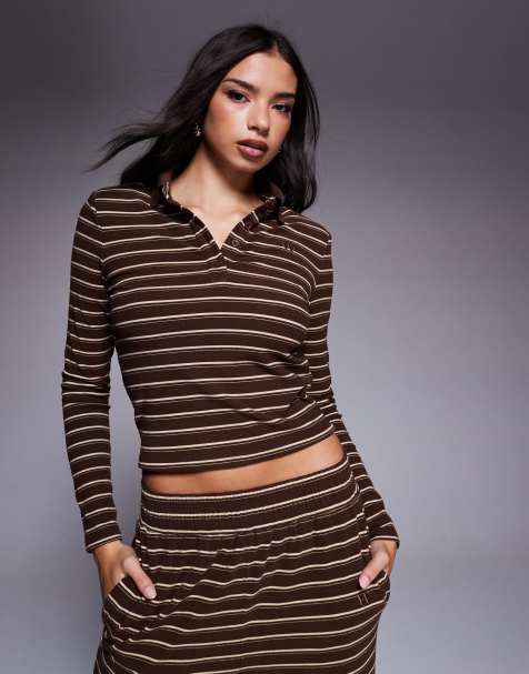 Wanderdoll Frankie premium heavyweight jersey collar detail long sleeve polo top co-ord in brown stripe - view 1