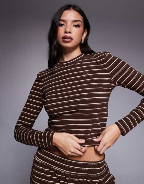 Wanderdoll Frankie premium heavyweight jersey crew neck long sleeve top co-ord in brown stripe - view 1